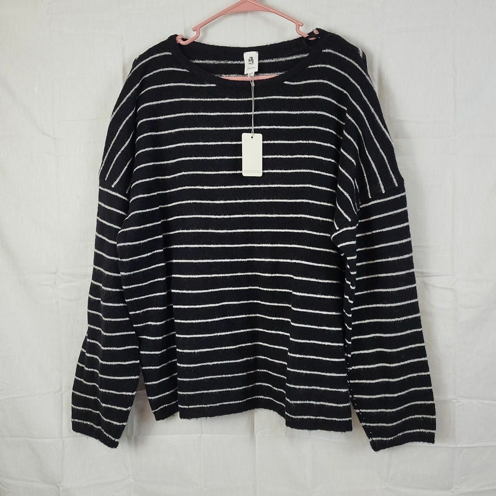 Flawless Womens Black White Striped Crew Neck Oversized Pullover Sweater Sz XS/S